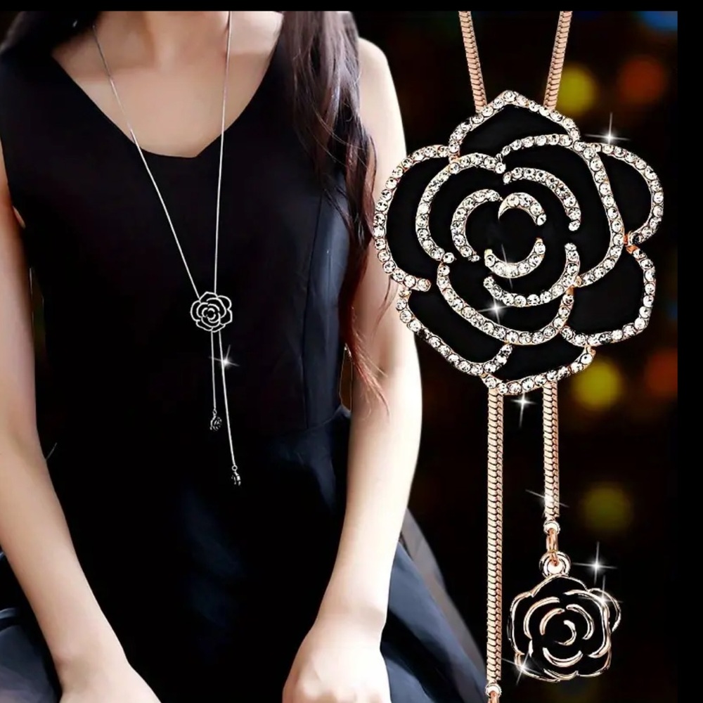 Necklace, Rose Flower Crystal Pendant Long Necklace, New
